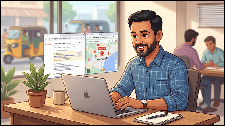 Local SEO helping a small business rank higher on Google in Vijayawada.