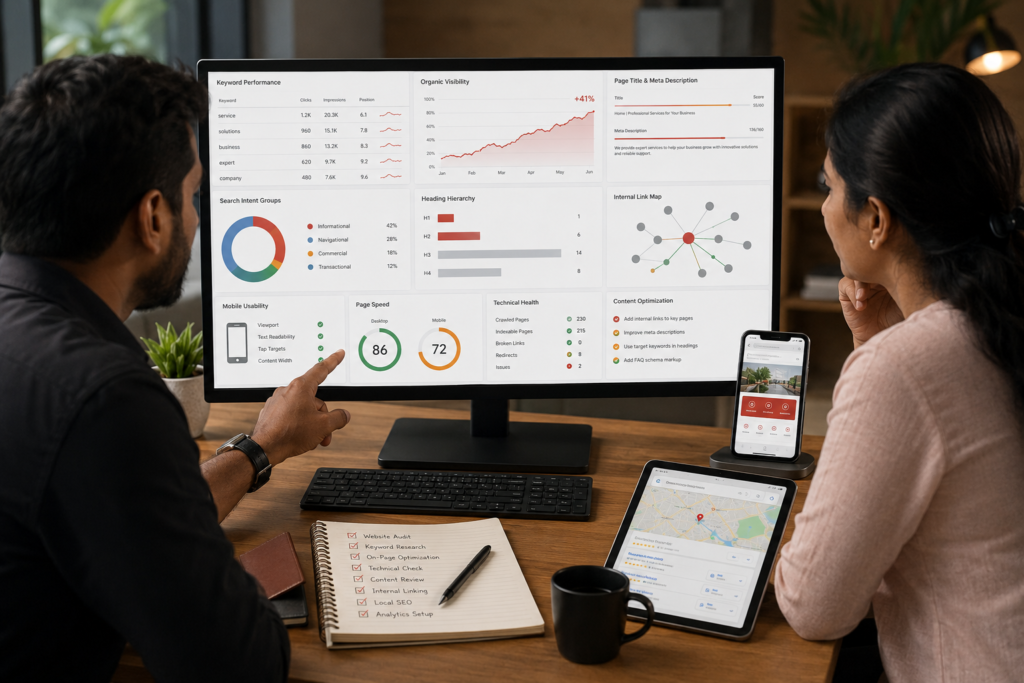 SEO optimization dashboard showing website performance and search analytics