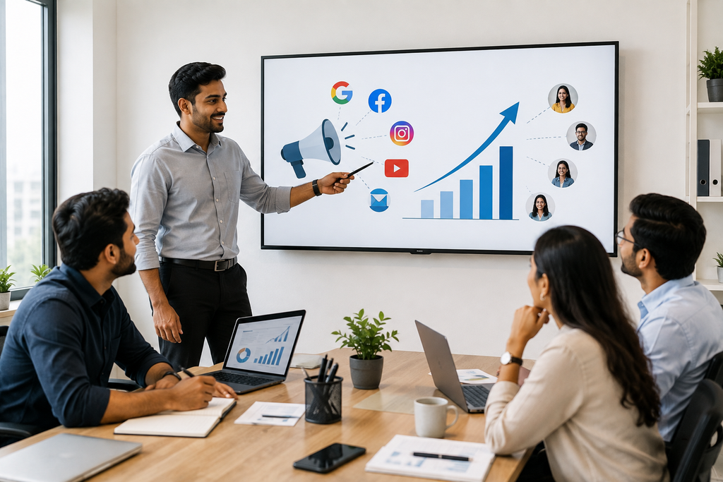Why digital marketing matters in 2026 for business growth and customer engagement Digital marketing team planning online campaigns across Google, Facebook, Instagram, YouTube, and email