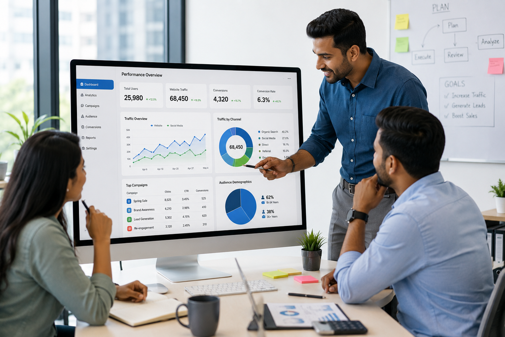 Digital marketing team analyzing website traffic, conversions, campaigns, and audience data