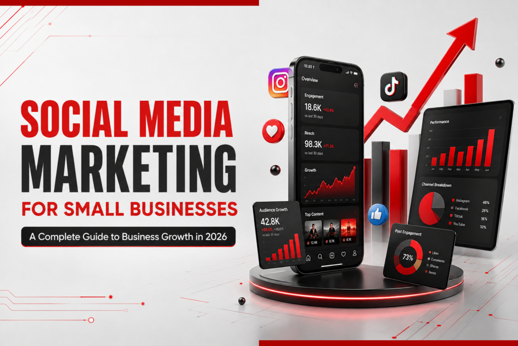 Social media marketing for small businesses with analytics, audience growth, and performance metrics